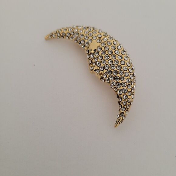 Hanae Mori Brooche Pin Gold Tone Clear Reighstones Sleeping Crescent Moon 2" - Picture 6 of 7